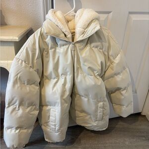 Cream Puffer Jacket with Hood